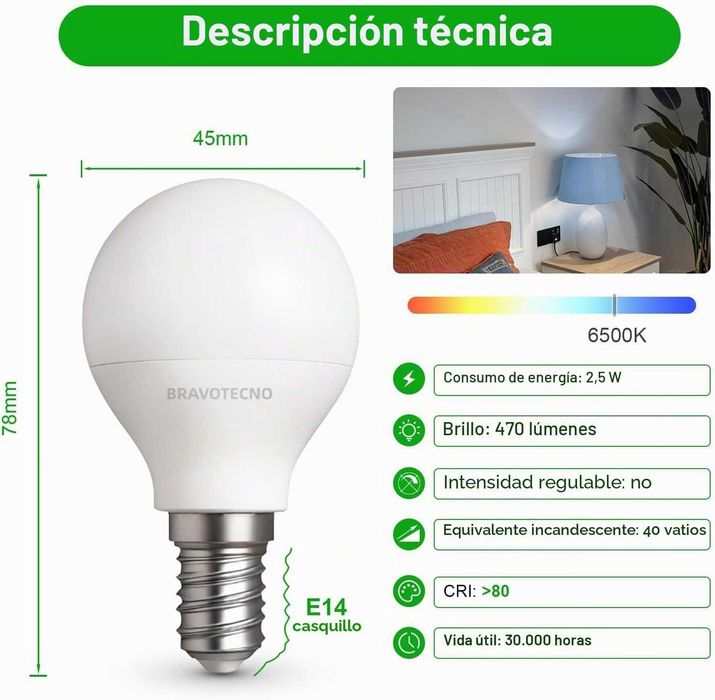 LED крушка E14, енергиен клас B, LED E14 студено бяла 6500K, 2.5W 470LM G45, еквивалентна на 40W