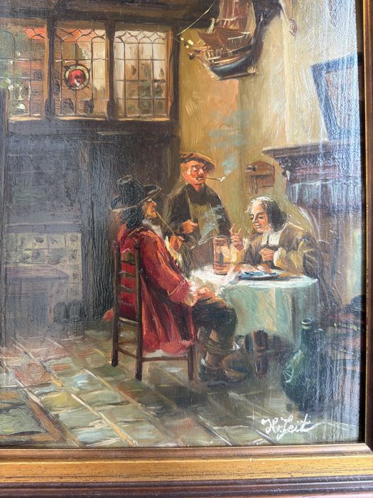 .Tablou,pictura in ulei pe lemn,oameni in carciuma,semnat