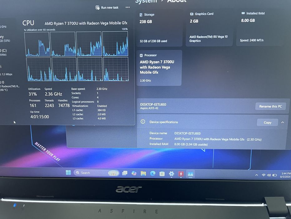 Laptop Acer Aspire - AMD Ryzen 7 3700u - 8Gb RAM - SSD 240Gb - 15.6 FullHD Slim - RadeonVega 10 2Gb