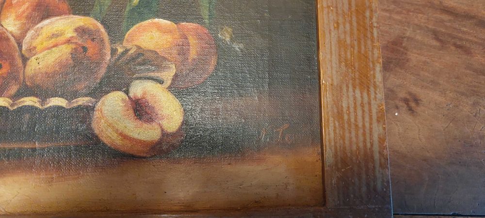Pictură veche – Natură moartă cu piersici – Ulei pe pânză de epocă (Începutul sec. XX)