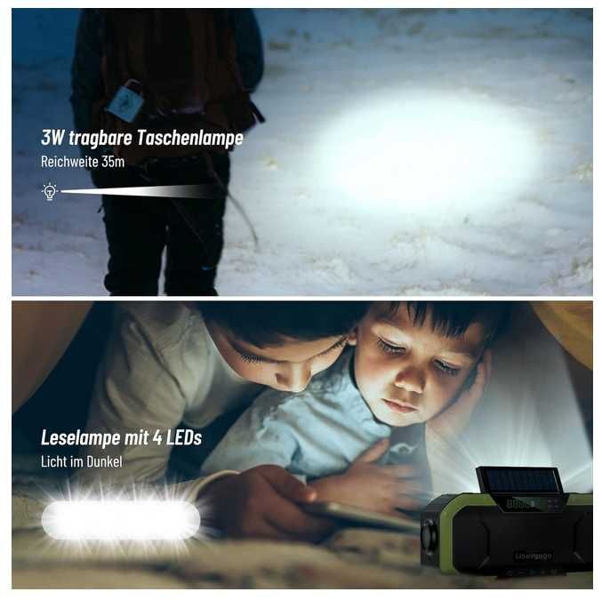 NOU Radio Portabil cu Lanterna, Solar, USB, IPX6, 4000mAh