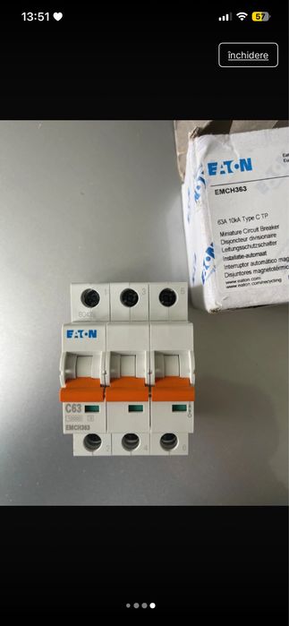 Intrerupator, Eaton, 3P, C 63A, 10KA AC PLSM-C63/3-MW 242480 Disponibil 1x preț -250lei