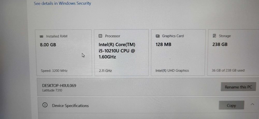 Dell LATITUDE 7310 i5 10210U 8Gb Rami intel