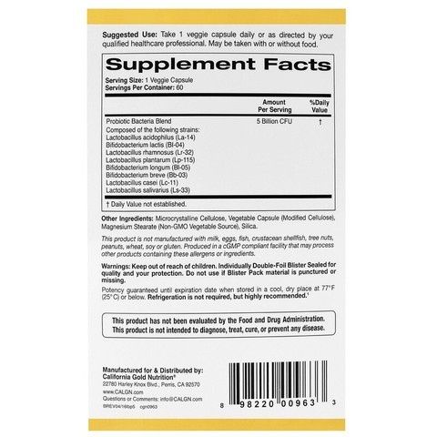 California Gold Nutrition, LactoBif, пробиотики, 5 млрд КОЕ, 60 шт