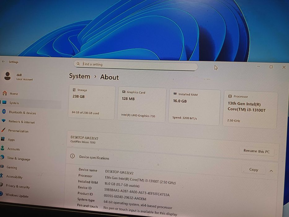 Dell OptiPlex Micro 7010 Core™ i3-13100T/16GB DDR4/256GB SSD NVme