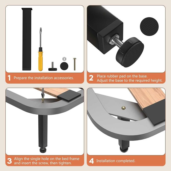 Set 4 picioare metalice reglabile pentru pat, cu protectii antiderapante, 30-32 cm
