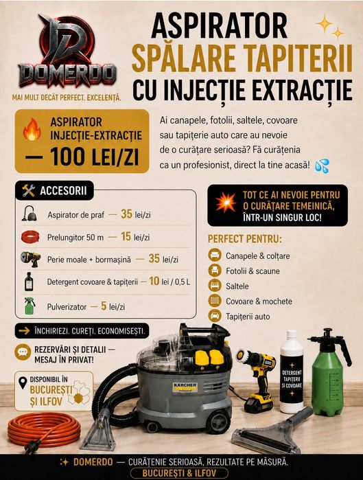 100 lei/24 h - Închiriez aspirator profesional Karcher pentru curatat canapele/saltele/tapiterii