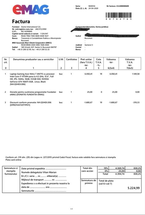 Laptop gaming Acer Nitro 7 15.6” intel i7 9750H GTX 1660Ti 144Hz 16GB