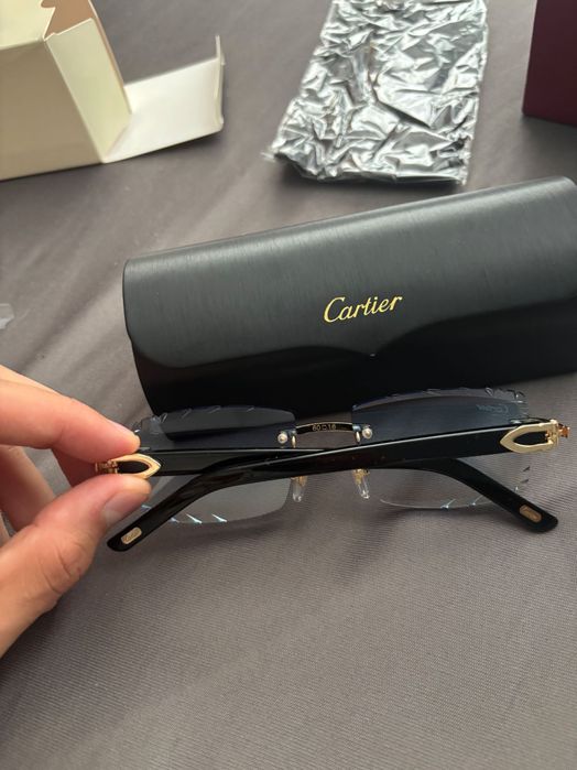 Cartier Black Acetate Glasses, Gold Decor & Blue Lens