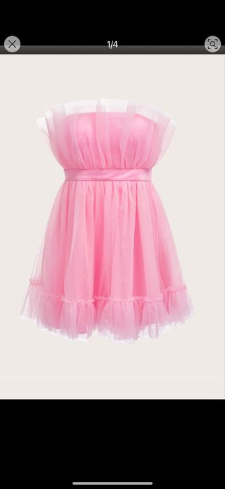 Официална рокля с пайети и тюл, блестяща розова и бежова