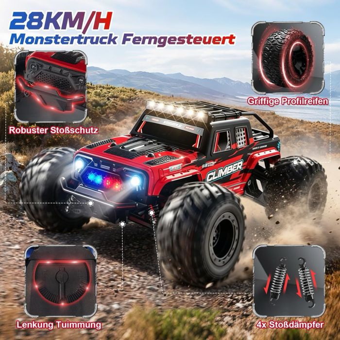 Masina RC Monster Truck 4x4, 28 km/h, telecomandă și lumini LED