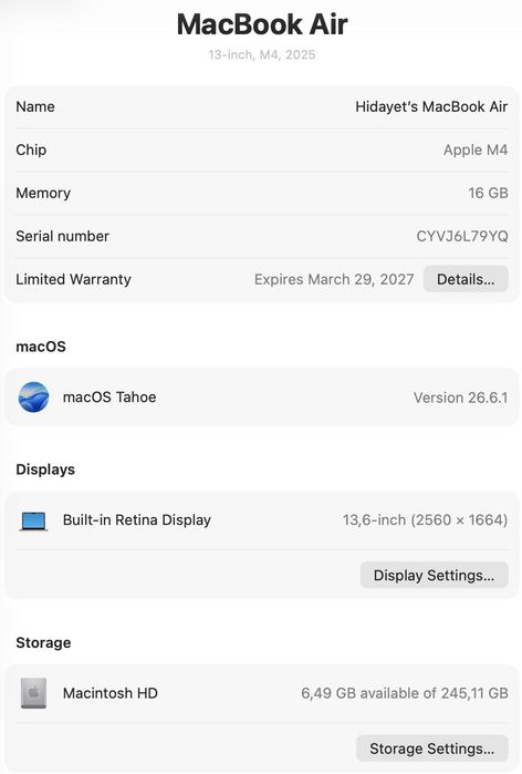 Macbook Air M4 16/256