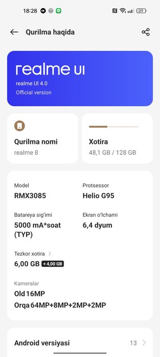 Realmi 8  hamajoyi radnoy usta koʻrmagan