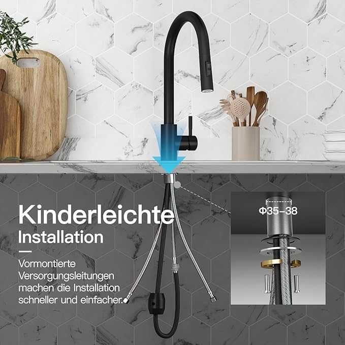 Baterie de bucatarie neagra cu dus extensibil 45 cm si 360° rotatie