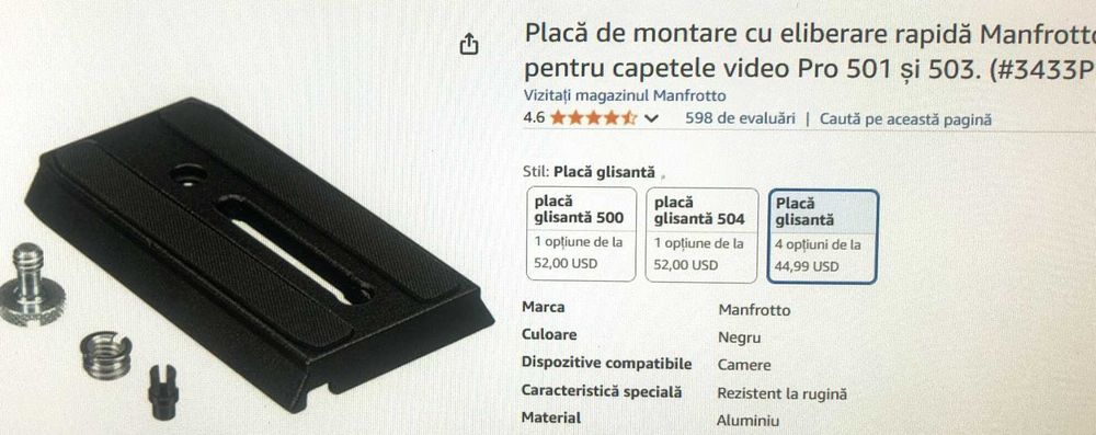 Placa de montare si eliberare rapida Manfrotto, 90x50 mm