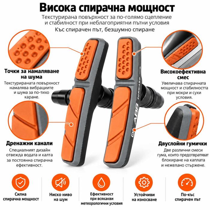 Гумички за V-Brake спирачки ELVEDES 72 мм, ABS система, Сиво-оранжеви, Комплект