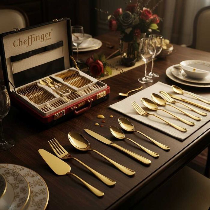 комплект прибори Cheffinger 72 части сребърно/златно покритие в  куфар