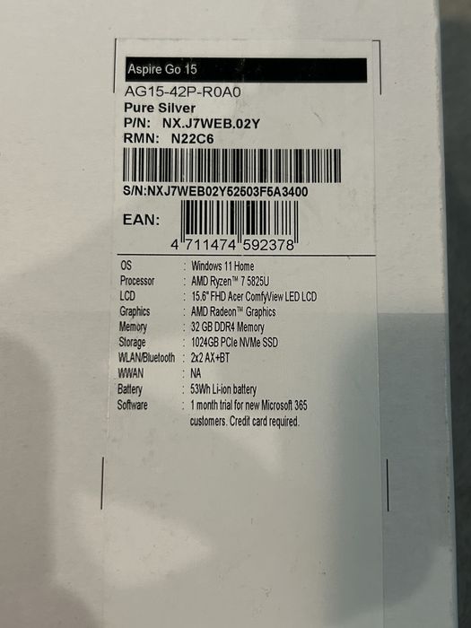 ACER Aspire GO 15, Sigilat, 32GB RAM, AMD Ryzen 7 5825U