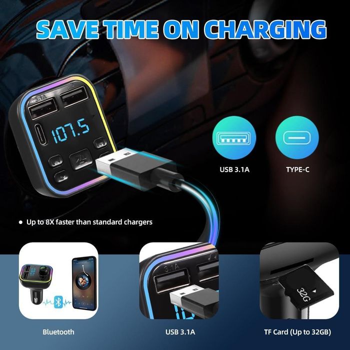 12-24v автомобилен bluetooth 5.0 fm трансмитер безжичен хендсфри ...