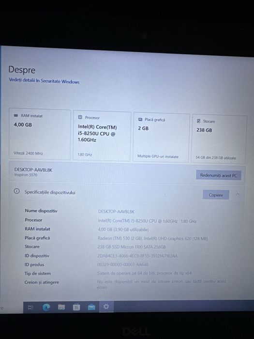 Laptop Dell Inspiron 15 5570 – i5 gen 8, SSD 256GB, AMD Radeon 2GB, Windows 10