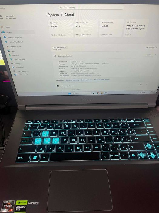 Гейминг лаптоп MSI Thin A15 B7VF  Гаранция RTX4060
