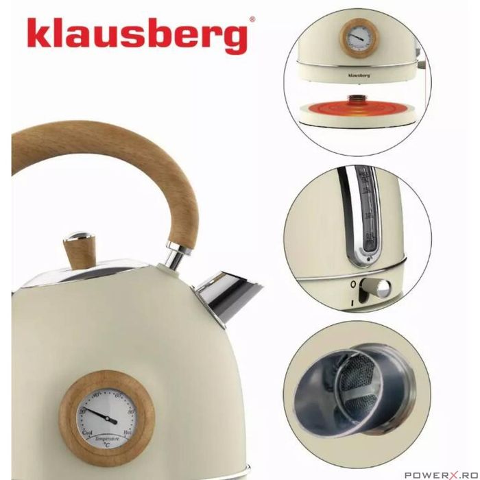 Ceainic, fierbator electric cu termometru, otel inoxidabil, crem cu