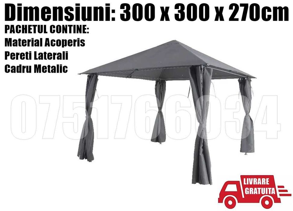 Pavilion CORT Umbrela Metalic Gradina Evenimente 3 x 3m Gri Pereti SM