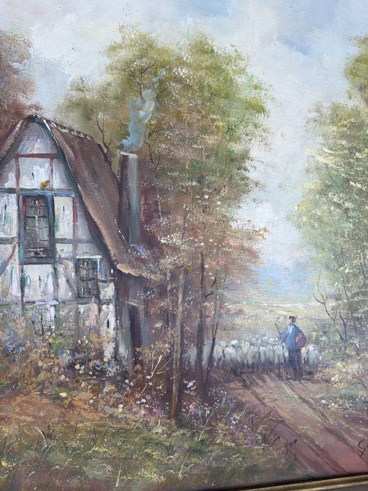 Tablou,pictura in ulei pe panza,cioban cu oi,semnat