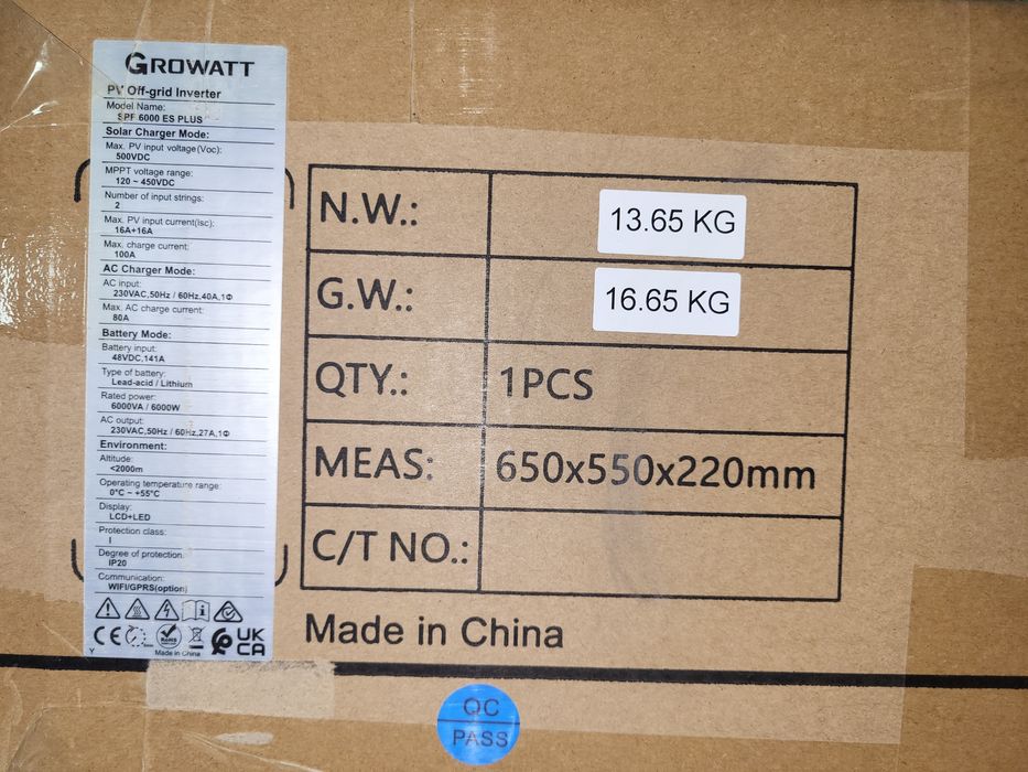 Sigilat ,  invertor GROWATT monofazat off-grid 6kW SPF6000 ES PLUS