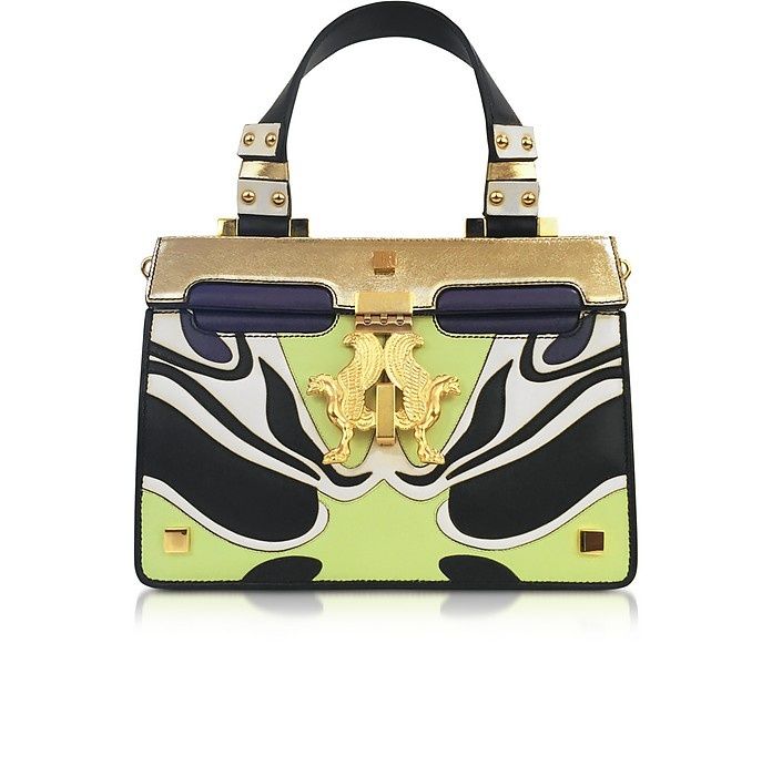 Кожена чанта Giancarlo Petriglia дръжки лого златиста синя черна зелен