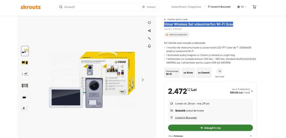 Vimar Wireless Set videointerfon Wi-Fi Gray