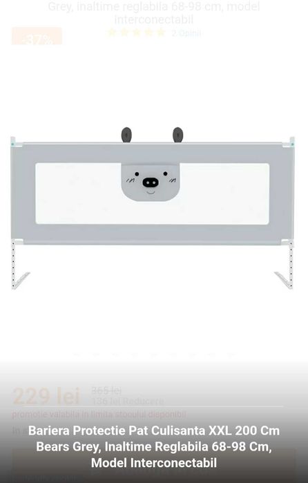Bariere protectie pat culisante XXL 160 cm si 200 cm Bears Grey, inaltime reglabila 68-98 cm