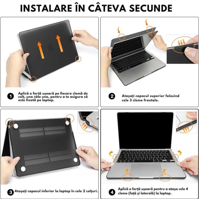 Husa  MacBook Air | PRO, Ventilatie Avansata, Ultra Slim, (2022-2026), Compatibila M2/M3/M4/M5, Modele A2681/A3113/A3240/A3449, Transparenta, Negru