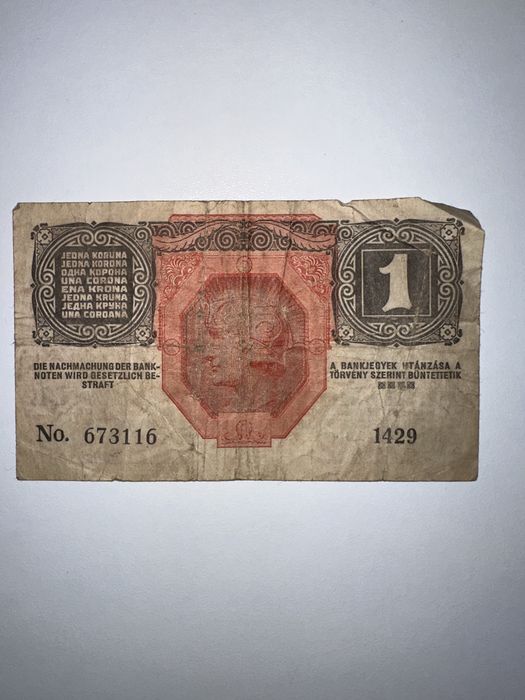 lBancnotă veche 1 Coroană 1916 Austro-Ungaria (WWI – text în limba română)
