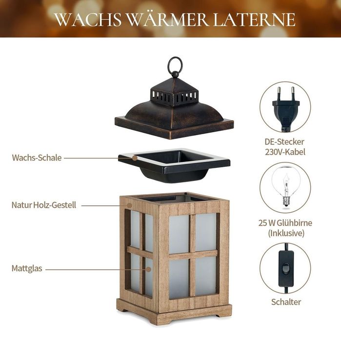 Felinar din lemn electric, lampă și încălzitor de ceară aromatică