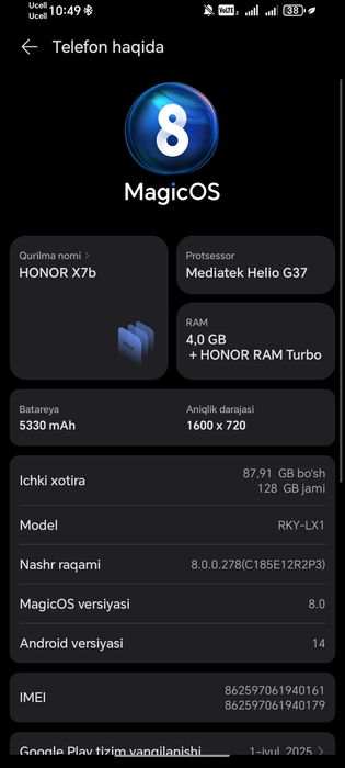 Honor x7a 4/128 talik  telefon idial