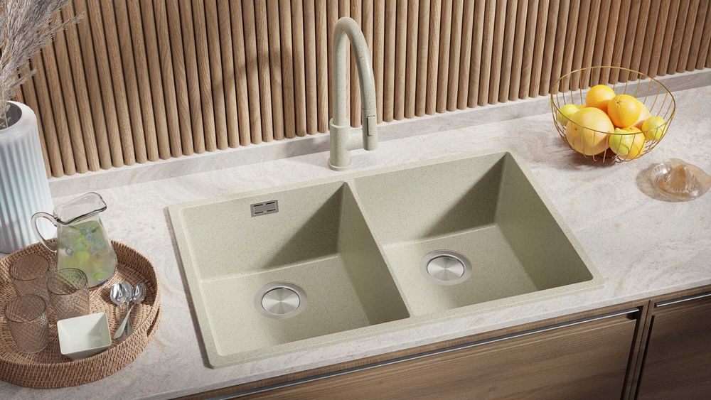 Беж гранитна мивка с две корита за вгражда Лондон 80 Twin 760 x 470 мм