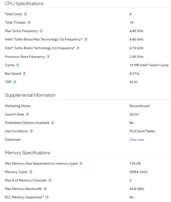 Vând urgent procesor ieftin Intel Core i7 10700, 4.8GHz Turbo, 8C/16T