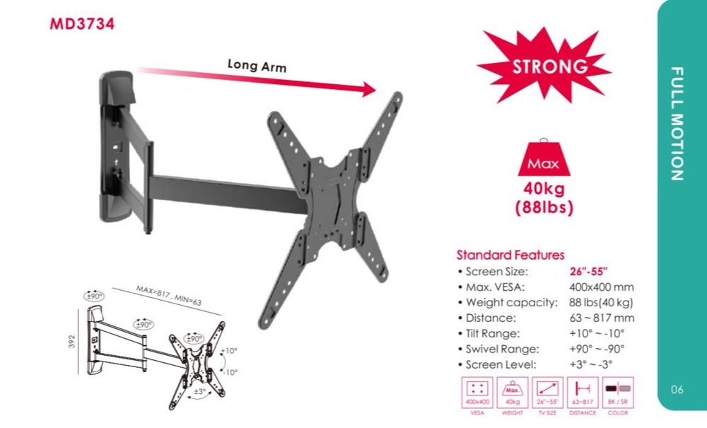 Кронштейн  регулировки поворот и наклон Длина 80 см
Вылет от стены