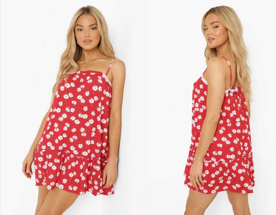 Rochie vara, scurta, rosu cu floricele albe, S