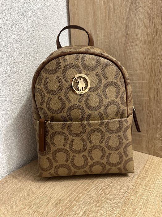 U.S. Polo Assn., Раница от еко кожа с лого, Бежов, Канелено кафяво