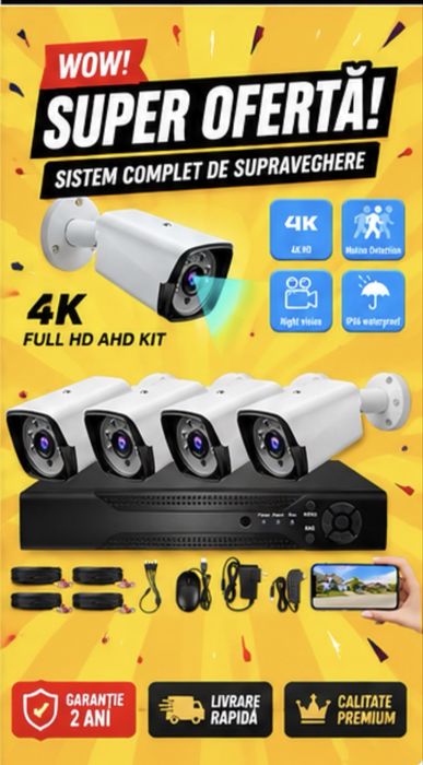 Camere Supraveghere Video KIT Complet 4-8 sau 12 CAMERE Supravegere .OFERIM MONTAJ IN TOATE ORAȘELE .Garantie 3 ani !!