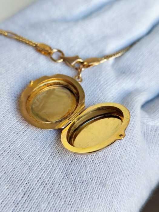 Lantisor Lant Aur 14K Retro Zale Pline Cu Pandantiv Pentru Poza Dubla