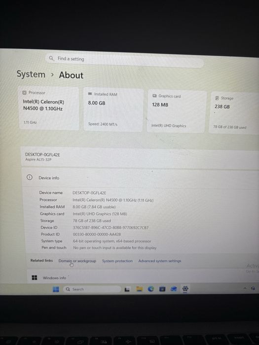 Laptop Acer Aspire AL15-32P 8GB RAM SSD 256GB Windows 11