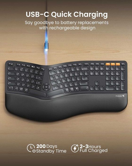 Tastatură ergonomică Bluetooth cu iluminare din spate ProtoArc,EK01 Plus,wireless USB dual,suport încheietura mâinii,reîncărcabilă,Windows/Mac/Android
