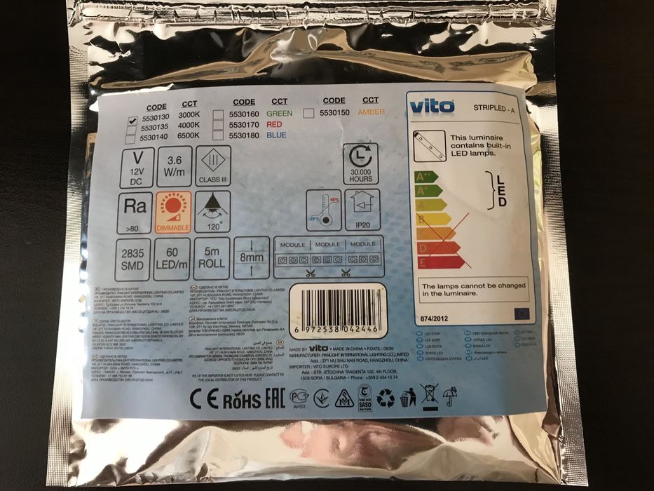 LED ЛЕНТА 3.6W 60LED/М 3000K 5М 12V IP20 VITO Strip-A