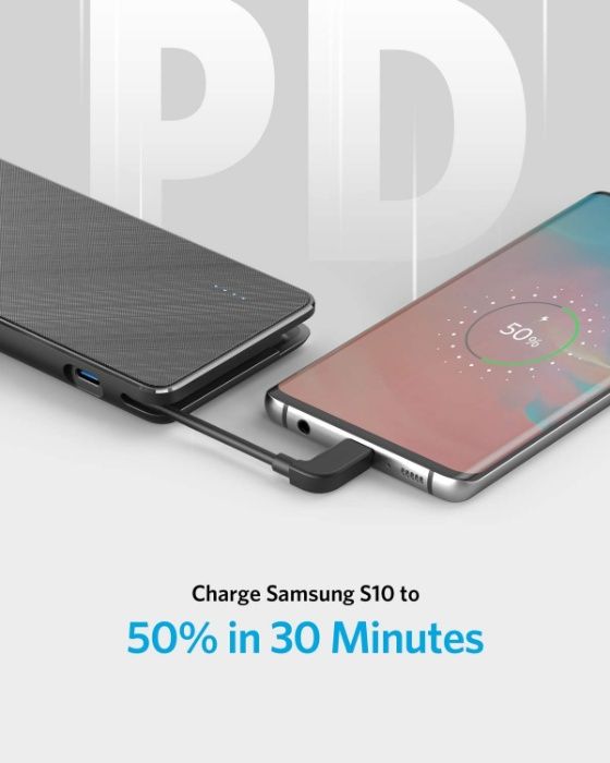 Anker PowerCore+ 10000, 18W, PD USB батерия, с интегриран кабел USB-C