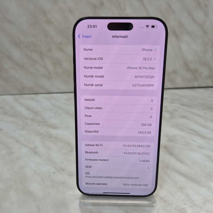 Telefon Apple iPhone 16 Pro Max Negru 256GB Cutie Zeus Amanet 33392