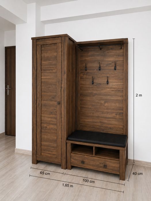 Mobilier hol complet – dulap + bancă cu cuier, finisaj lemn maro