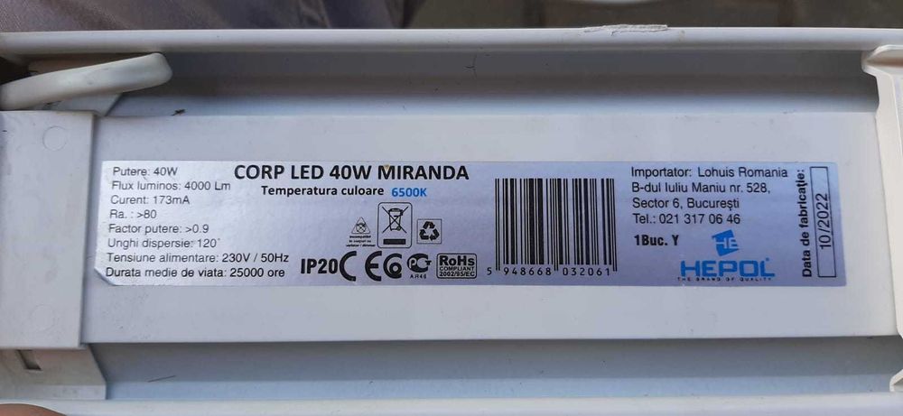 LED Hepol Miranda, 40 W, 4000 lm/, 120 cm, lumina rece, alb
